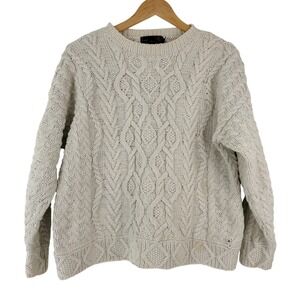 VTG! Eddie Bauer Cream Chunky Cable Knit Cotton Sweater M Crew Neck Fisherman